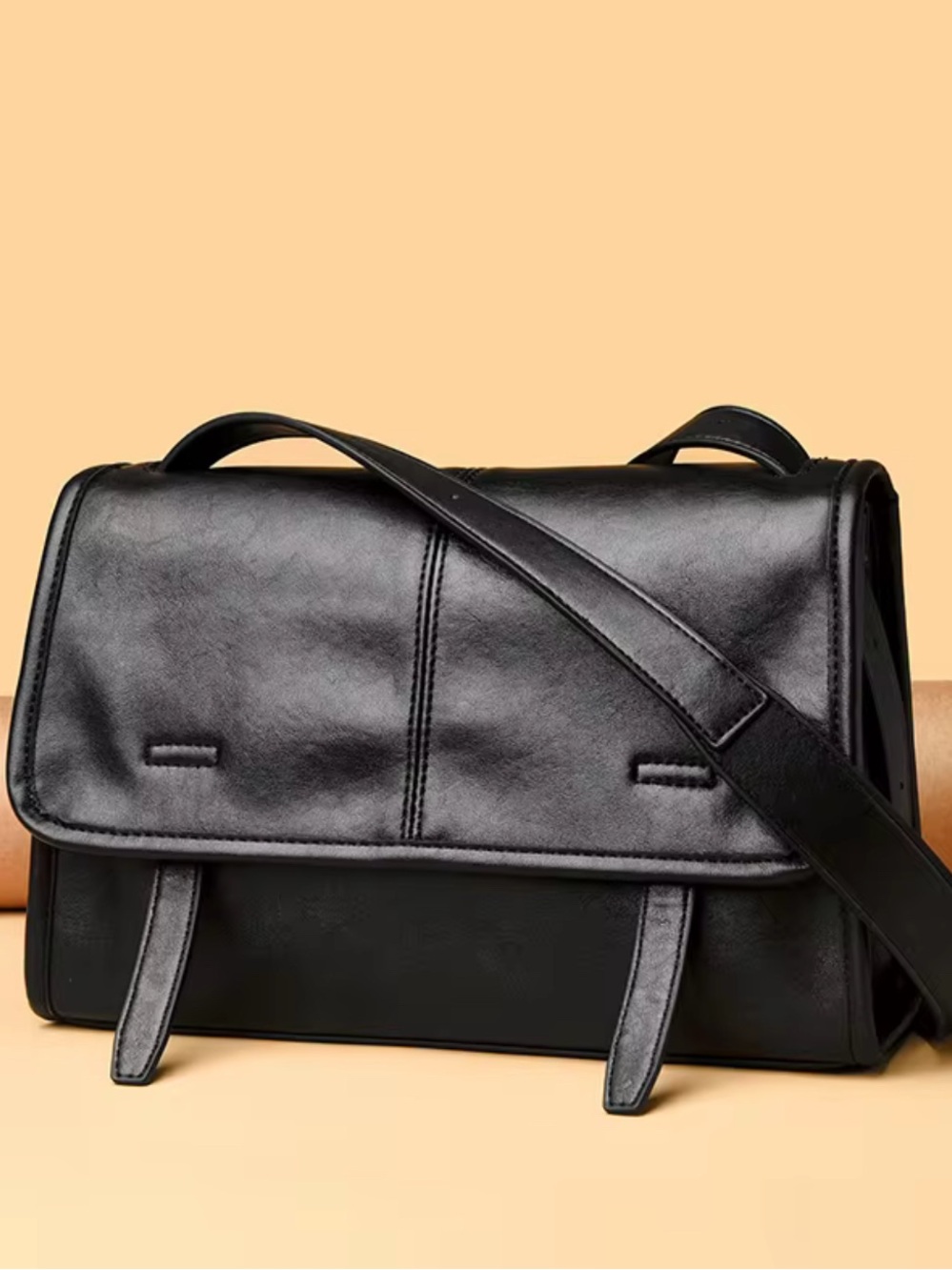 Black Minimalist Shoulder Bag | Soft Leather Look Crossbody Purse - Picture 3 of 5
